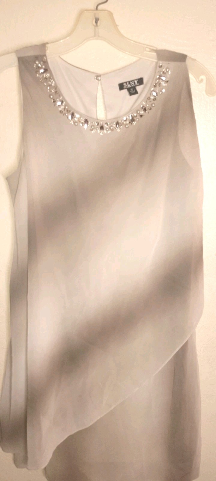SLNY, Ombre Chiffon Sleeveless Rhinestone Collar,Dress, Taupes/Grays,12,Weddings