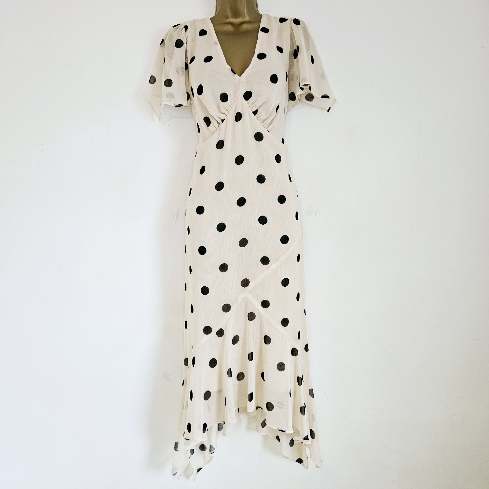 NEW ROMAN 12-24 Polka Dot Spotted Chiffon Beige Black Asymmetric Midi Tea Dress