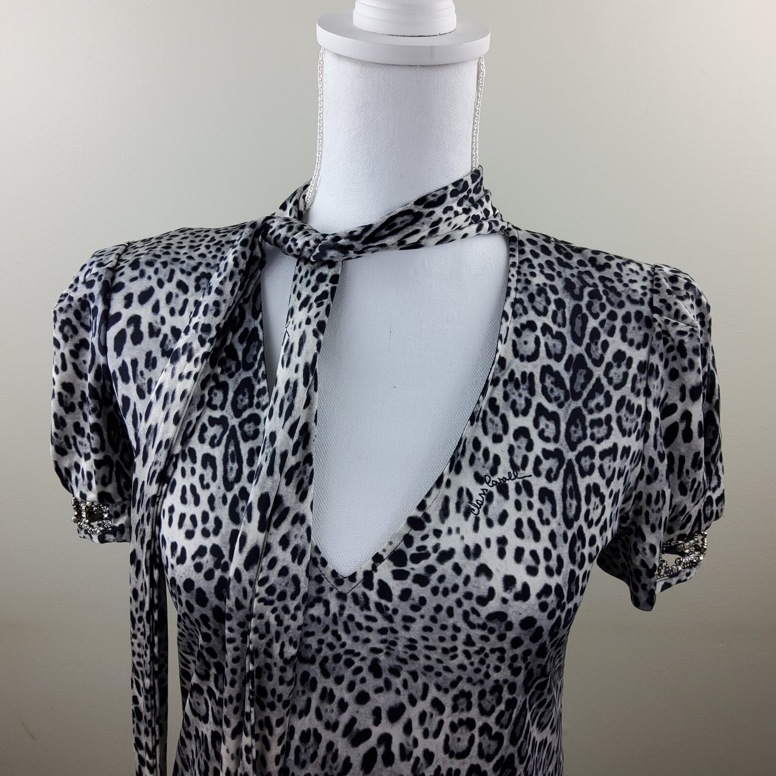 Roberto Cavalli Class Jaguar Print 100% Silk Rhinestone Sleeve Dress Size 40/6US