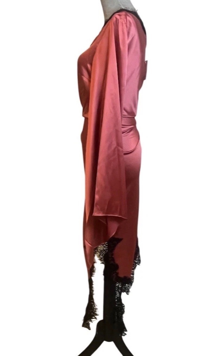 Silky Satin Asymmetrical Pink Dress M One Shoulder Midi Lace Trim Cocktail Party
