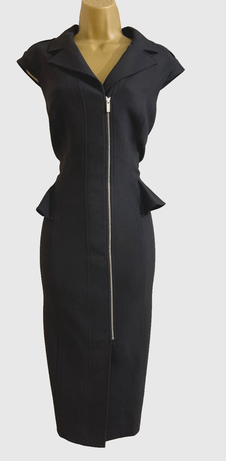 KAREN MILLEN BLACK PEPLUM ZIP-FRONT PENCIL DRESS UK 14 (US 10) EUR 42