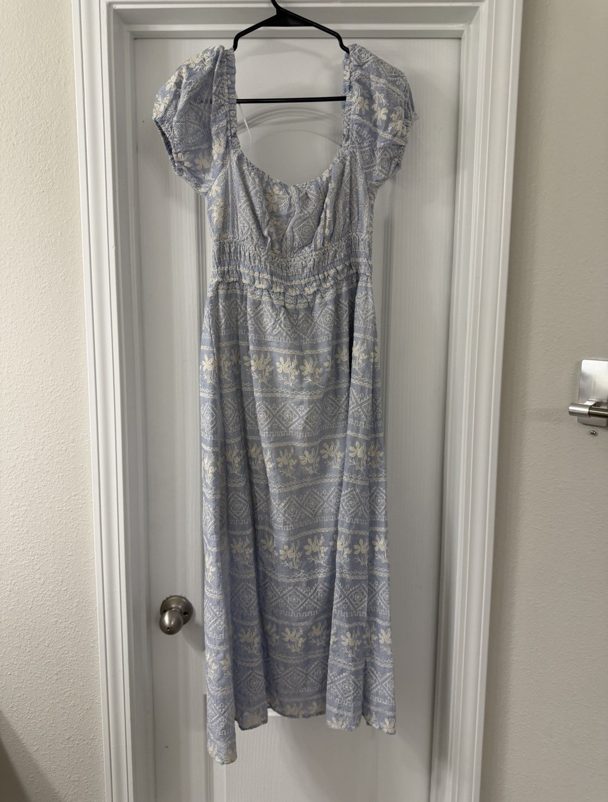 Altar’d State Blue White Floral Square Neck Puff Sleeve Smocked Maxi Dress S