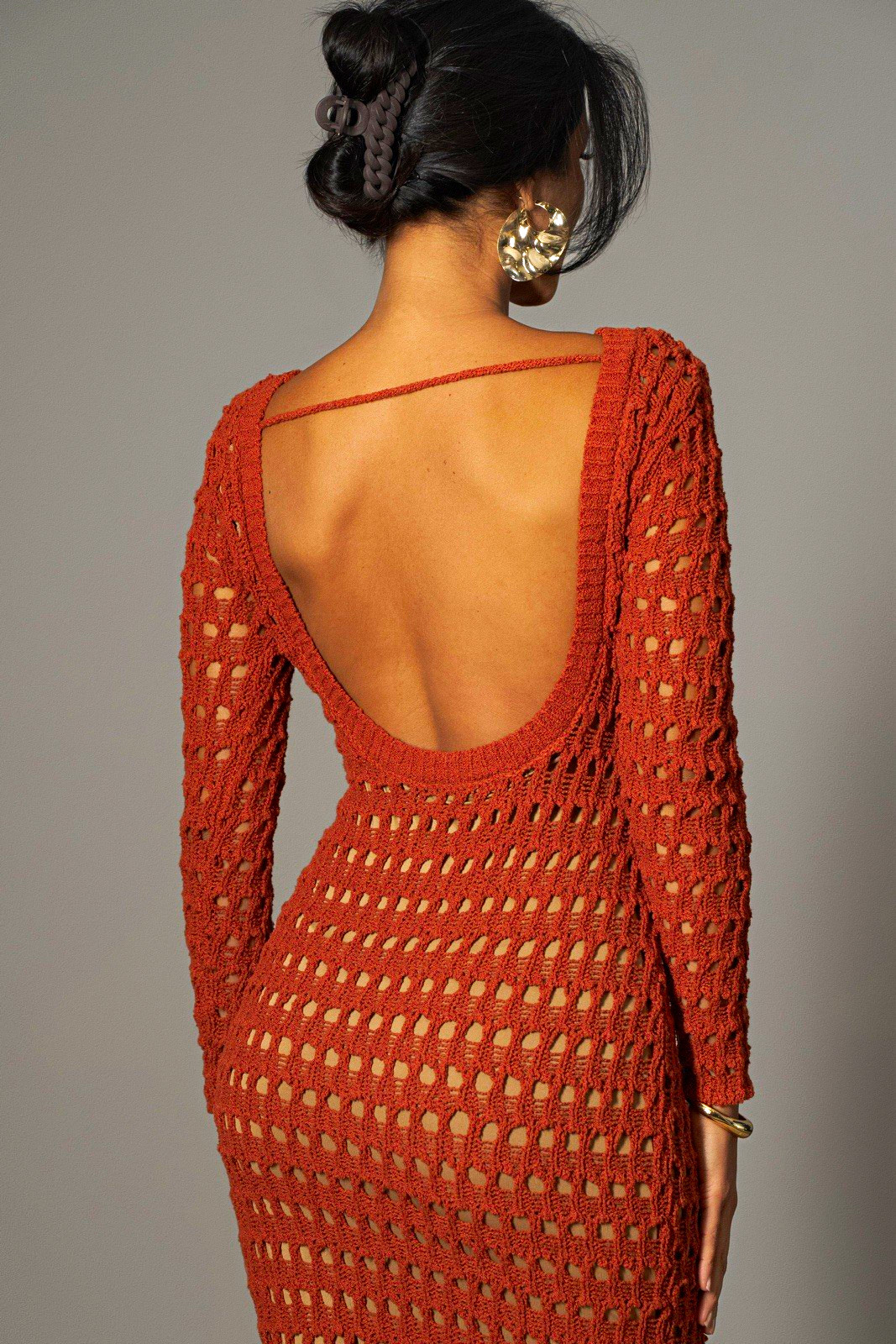 JULIANA Brown Crochet Open Knit Backless Boat Neck Long Sleeve Midi Dress S