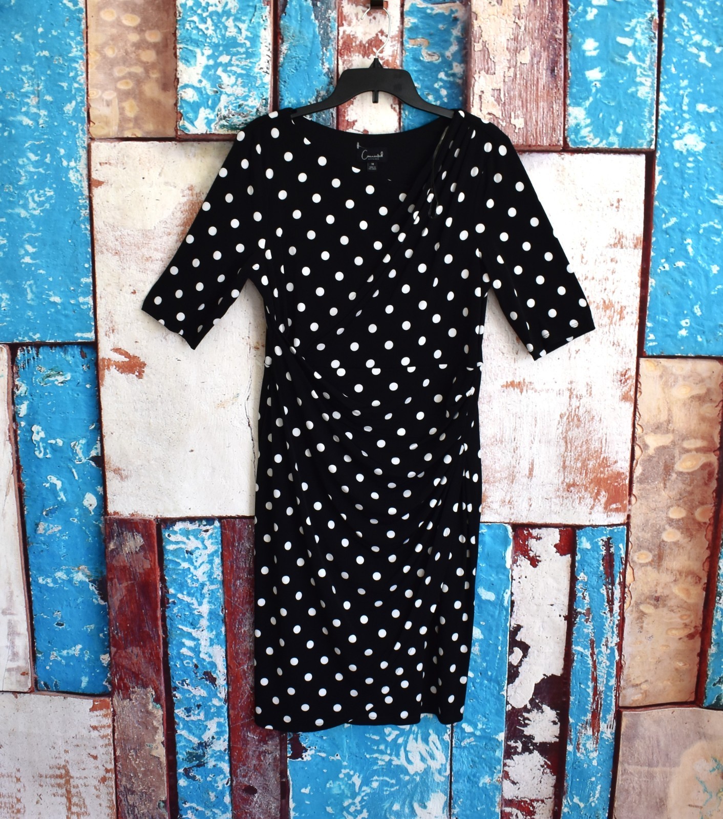 Women’s Connected Apparel Polka Dot Ruched Sheath Dress SIZE 14 Black NEW