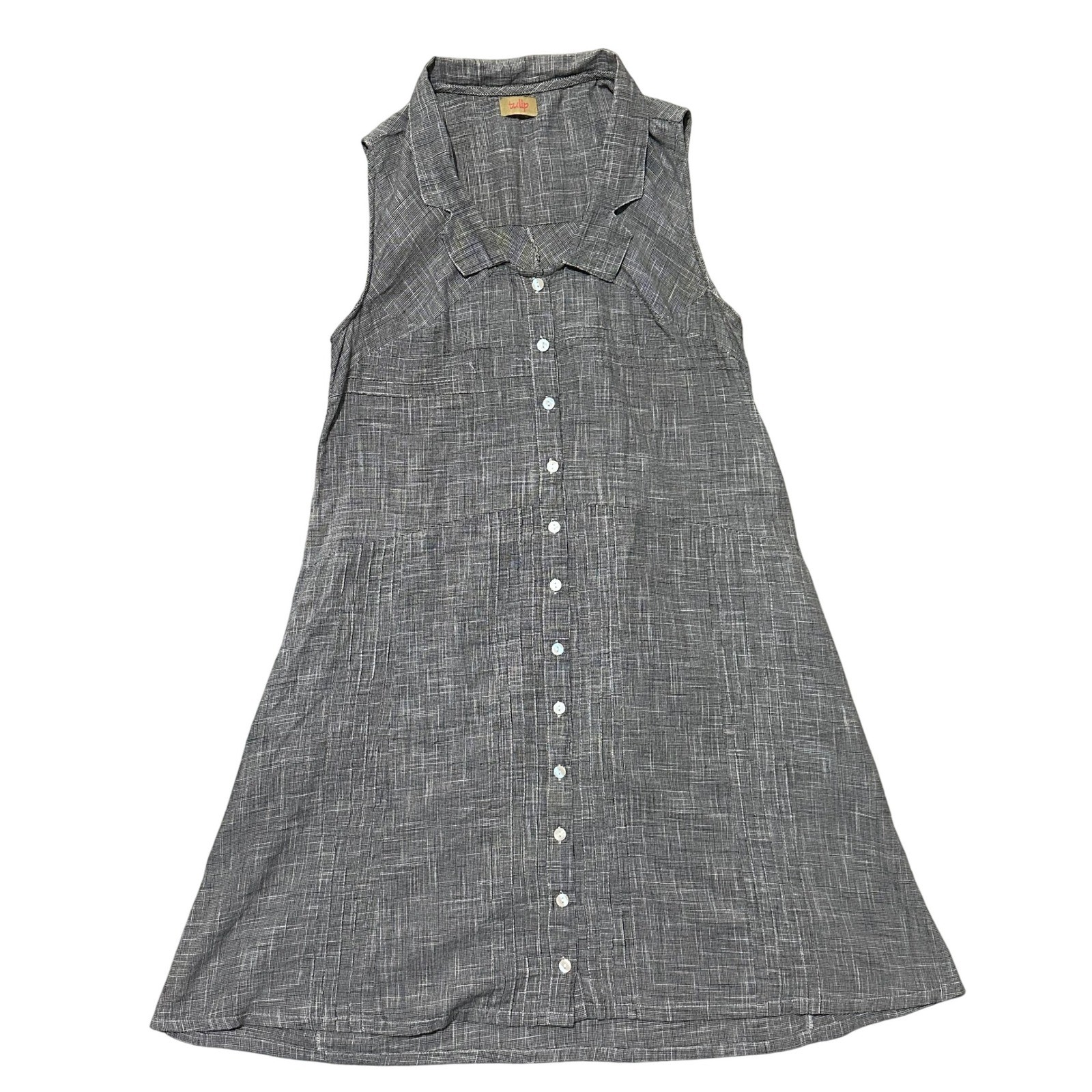 Tulip Sleeveless Button Front A Line Dress Grey Textured Midi Length – S