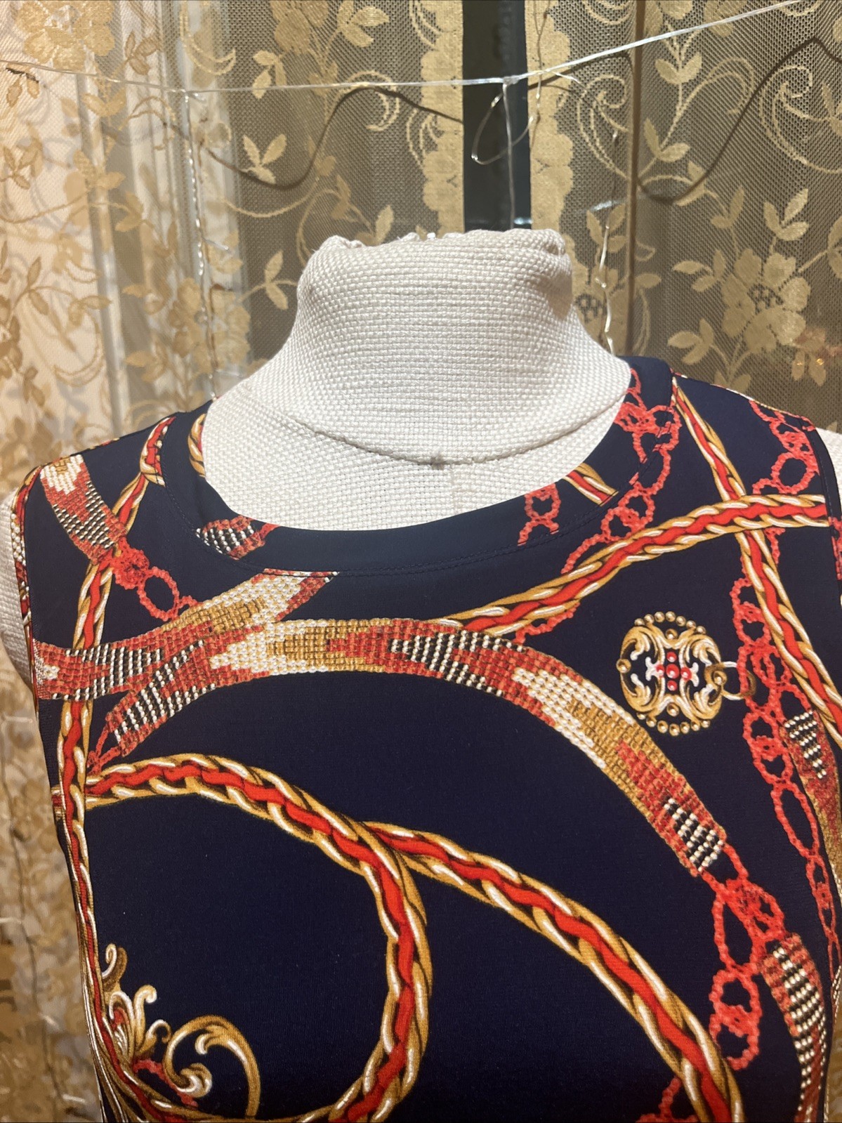 Apt 9 Womens Sz M Navy Chain Print Sleeveless Shift Dress Stretch Nautical