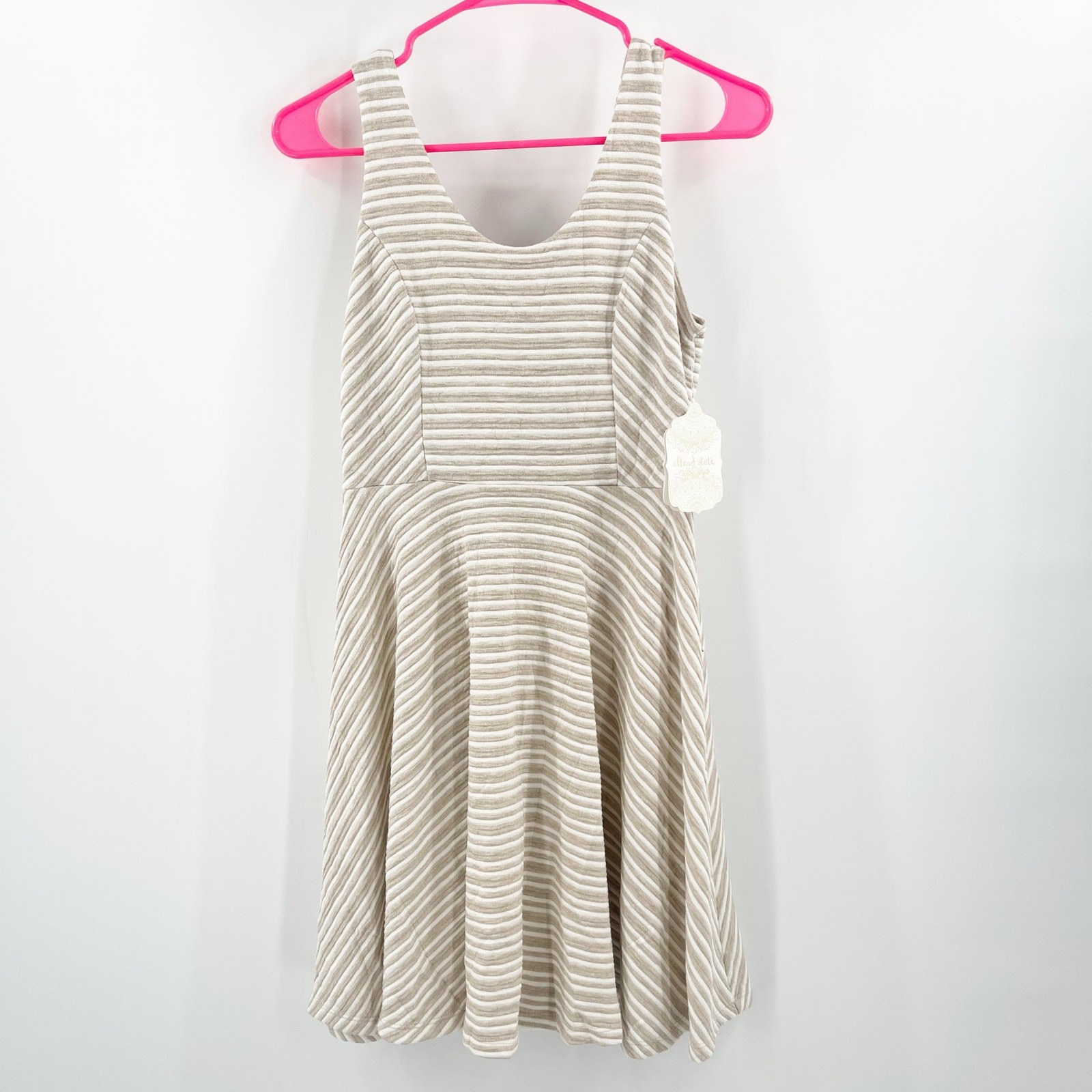 ALTAR’D STATE Dress SZ Small NWT Fit And Flare Stripe Taupe White Skater Casual