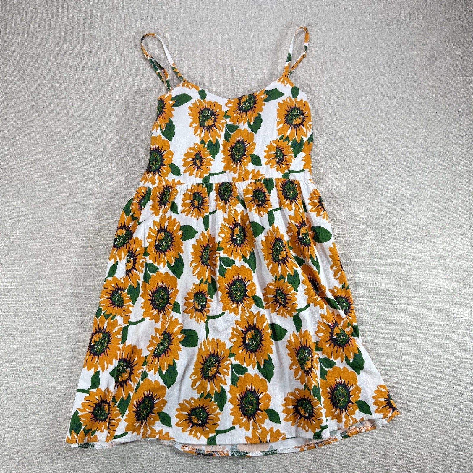 Sunflower Floral Cami Mini Dress Women’s Large White Orange Lace Up Back