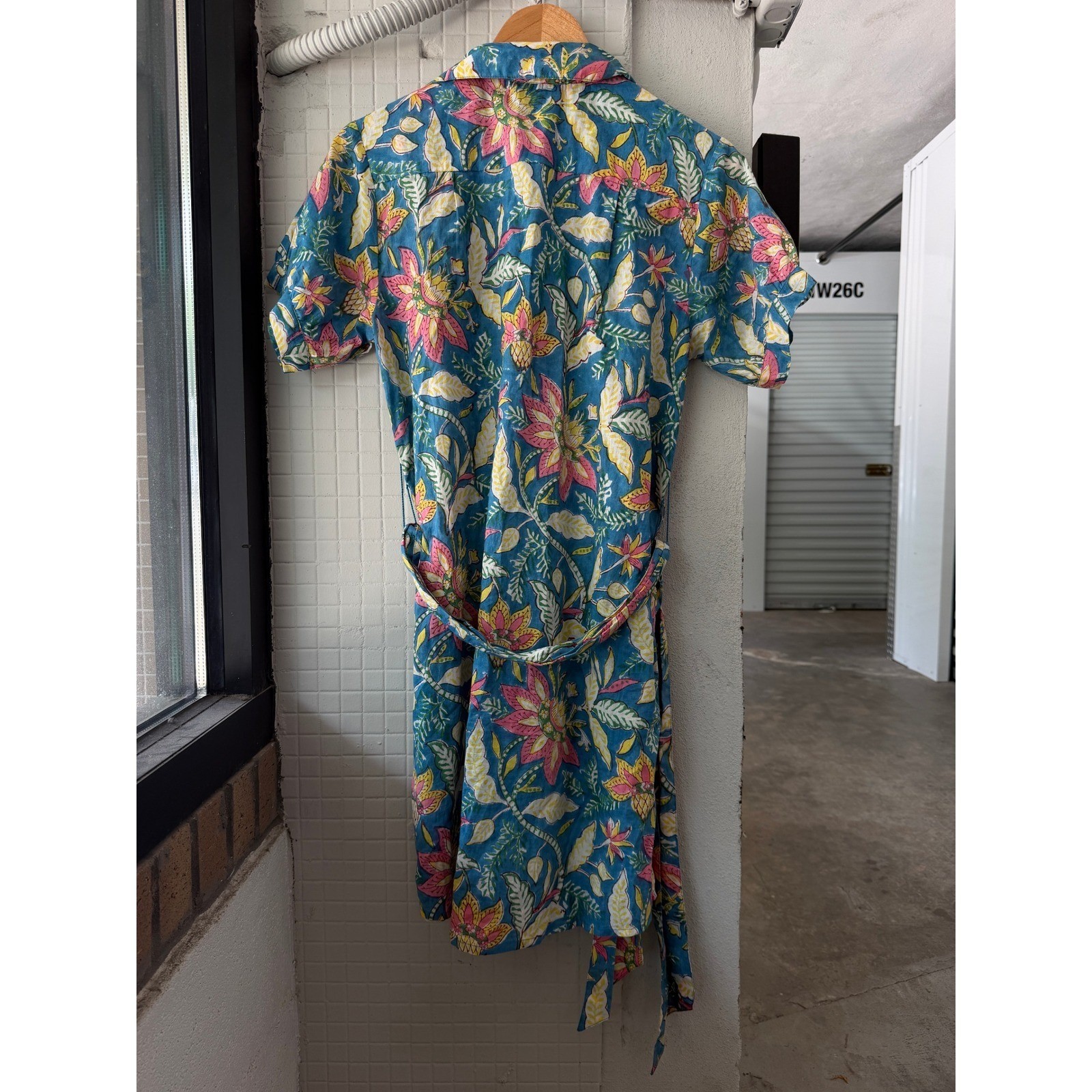 Fitzroy & Willa Blue Tropical Floral Cotton Shirt Dress XS Belted Short Sleeve