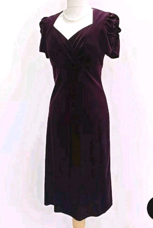 Vintage 1940s Style Purple Velvet Sweetheart Wedding Party Dress Size 8 10 M&S