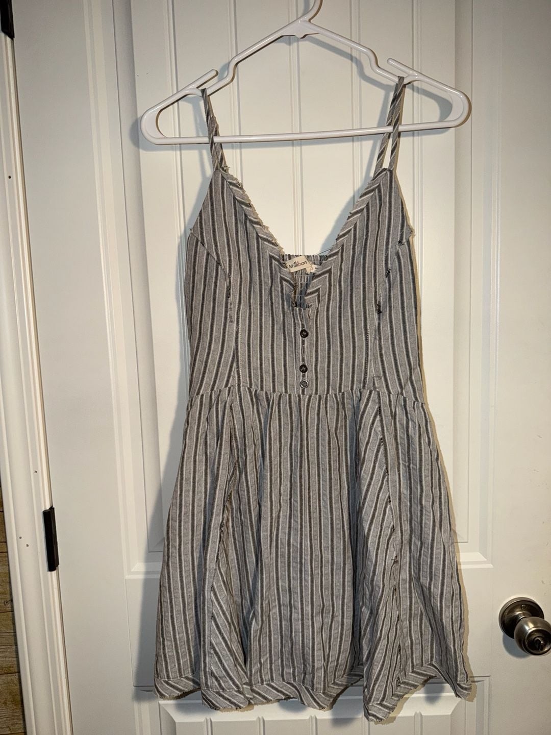 Millibon Grey and White Striped Button-Front Mini Dress with Frayed Edges