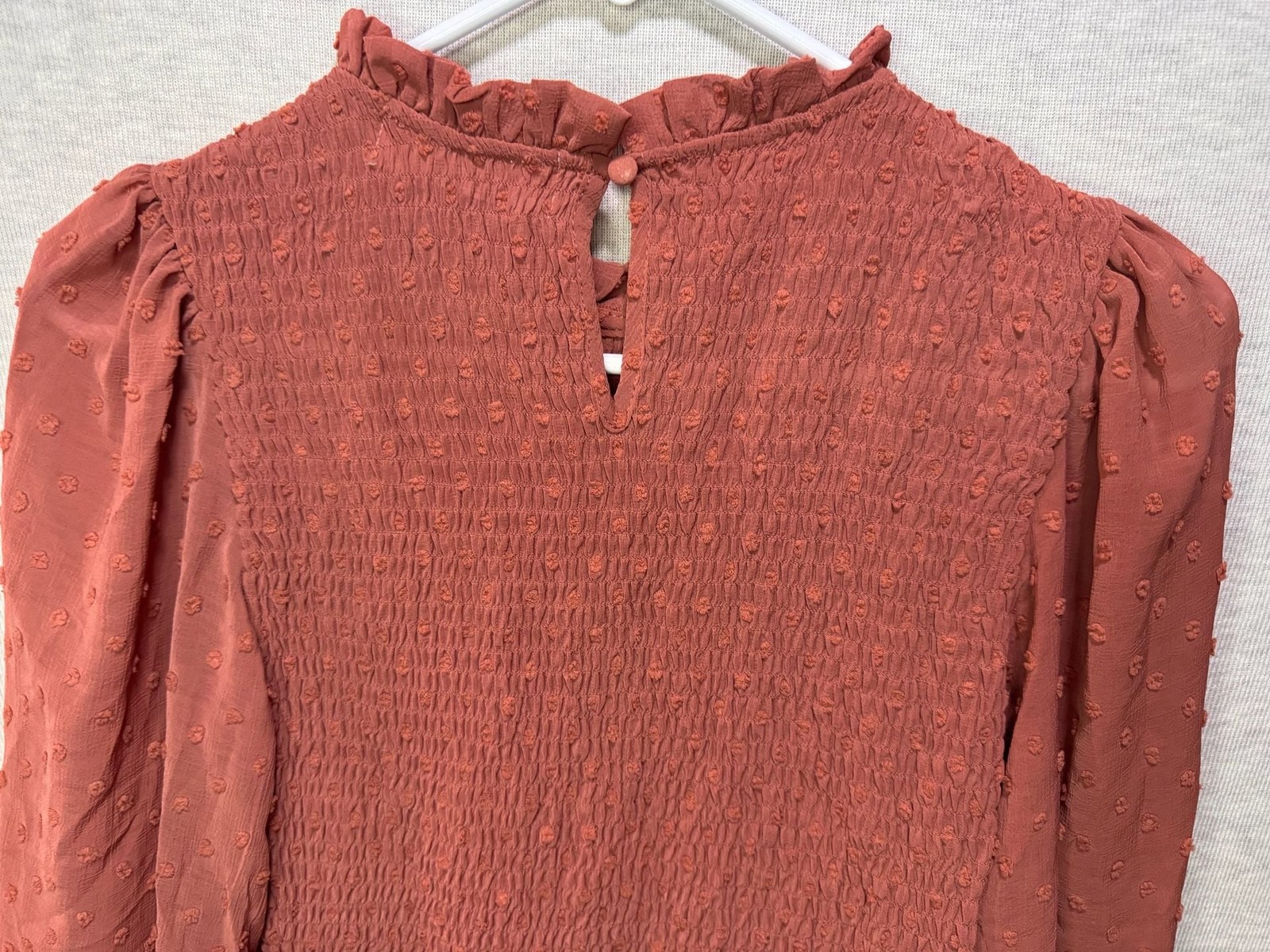 S – Lace & Lilac Long Sleeve Smocked Tiered Midi Dress in Rust