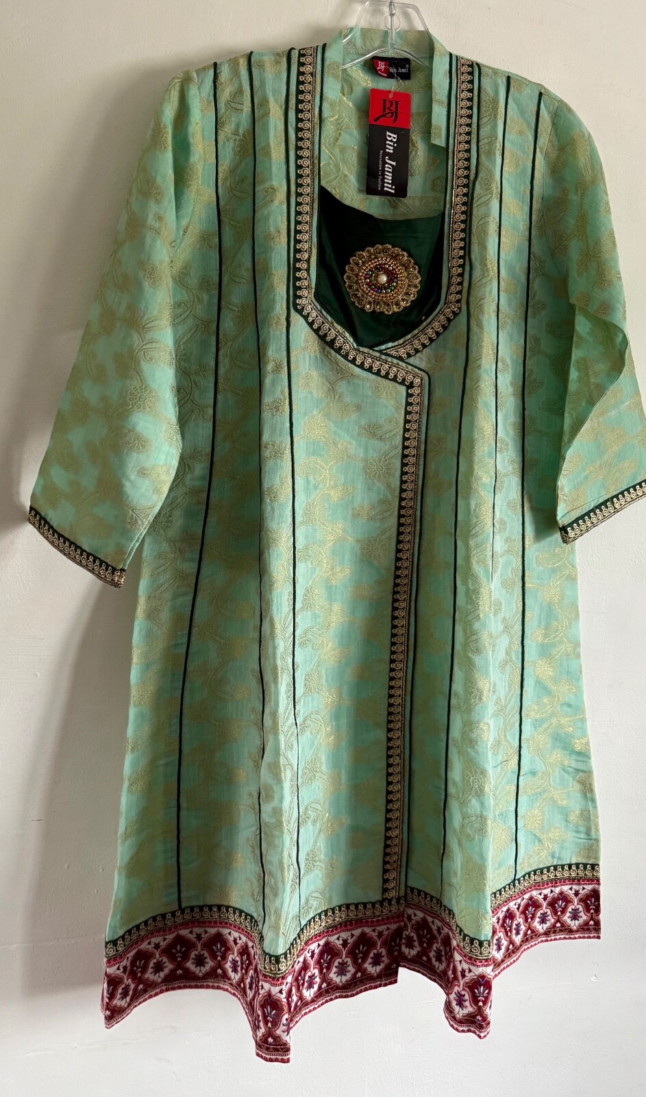 BIN JAMIL GREEN FLORAL GOLD LEAVE KAFTAN DRESS BOLLYWOOD PAKISTANI SIZE: S/ M