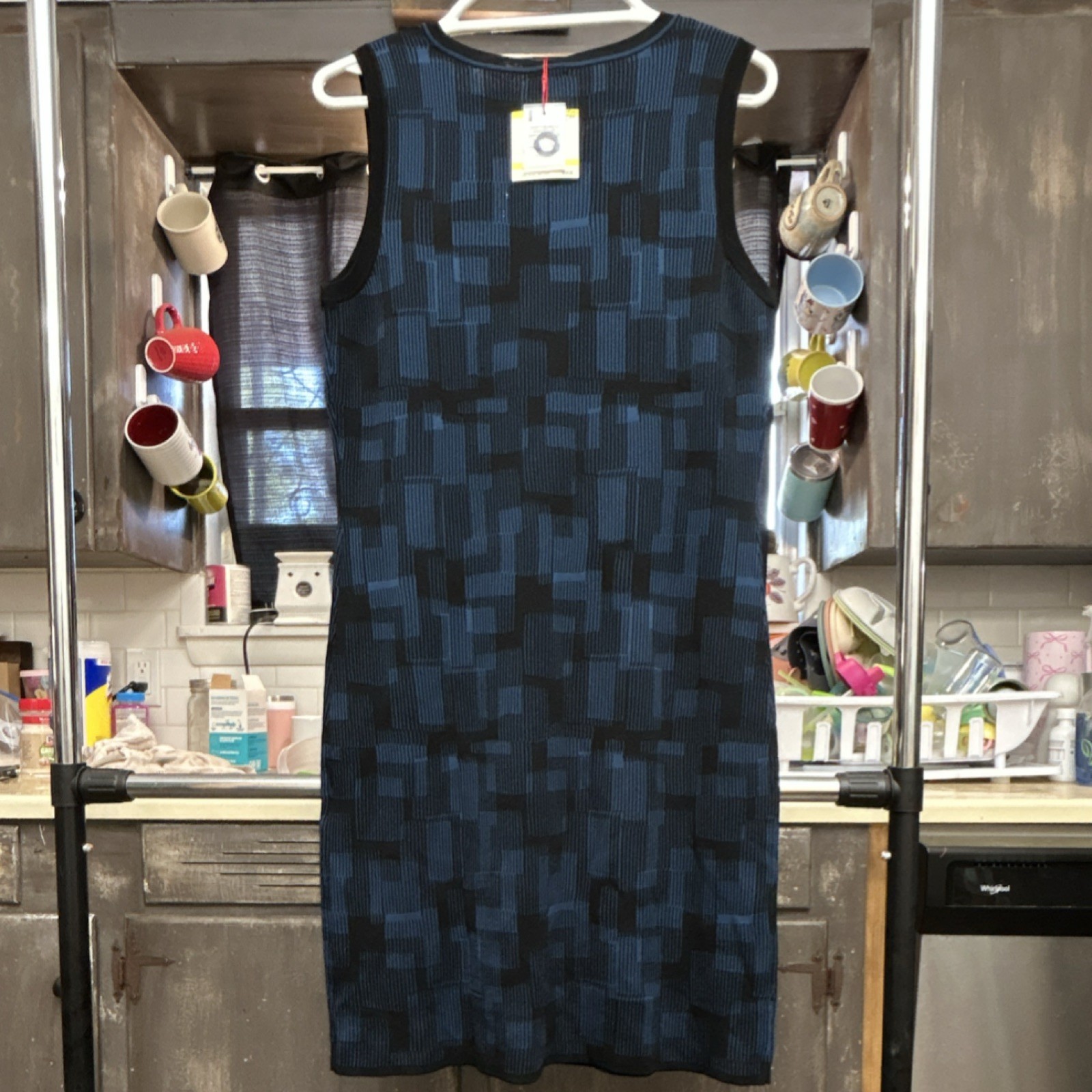 Anne Klein Womens Blue/Black Geometric Round Neck Sleeveless Shift Dress M