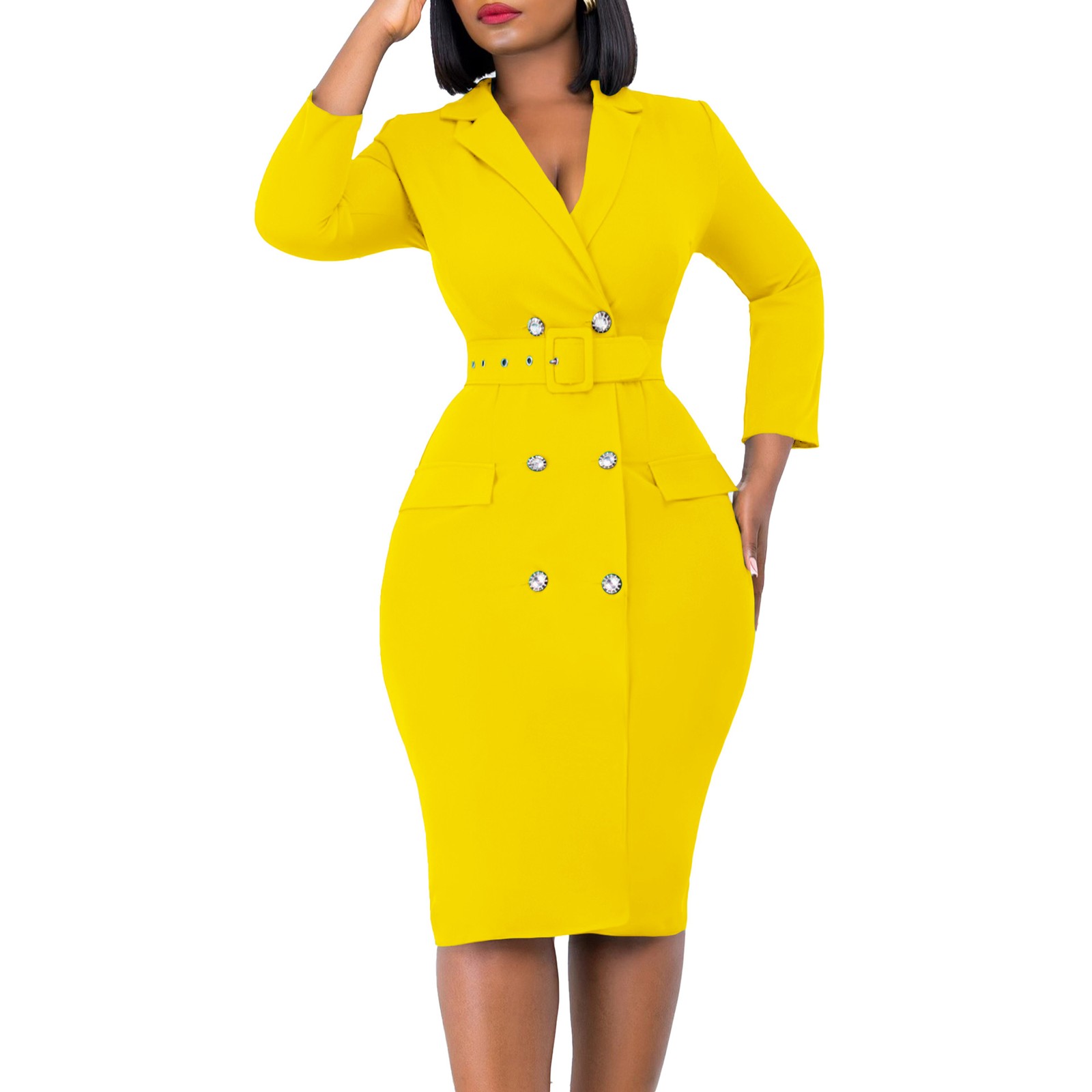 Temperament Commuter OL Suit Collar Solid Color Double-breasted Large Size Dress