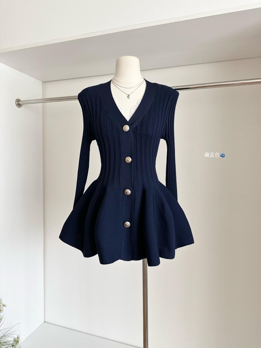 French Ruffled V-Neck Slim Waist Flower Bud Skirt Knit Cardigan Dress Women’s