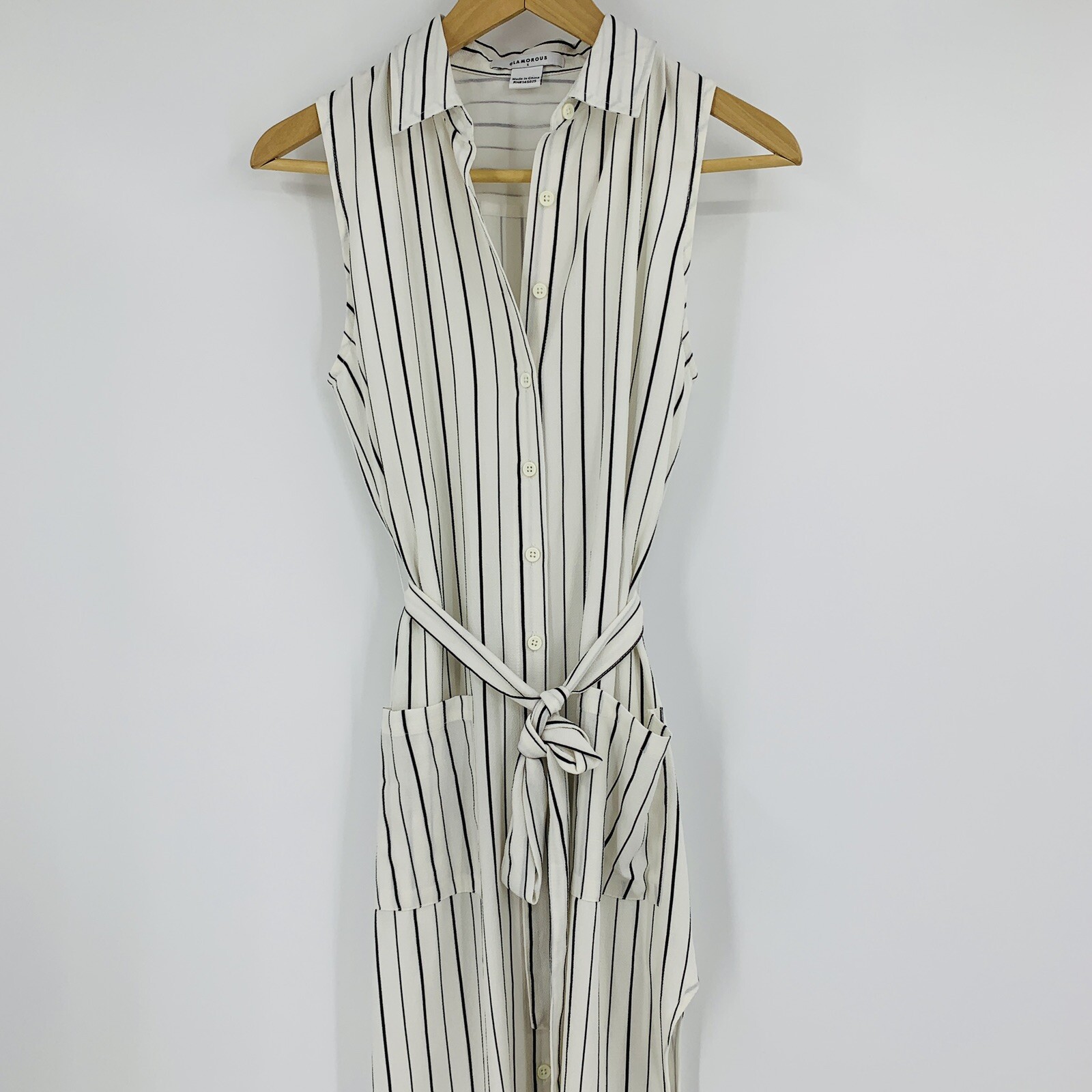 Glamorous Dress Small 9268 Shirt Belt Slits White Midi Collar Sleeveless New