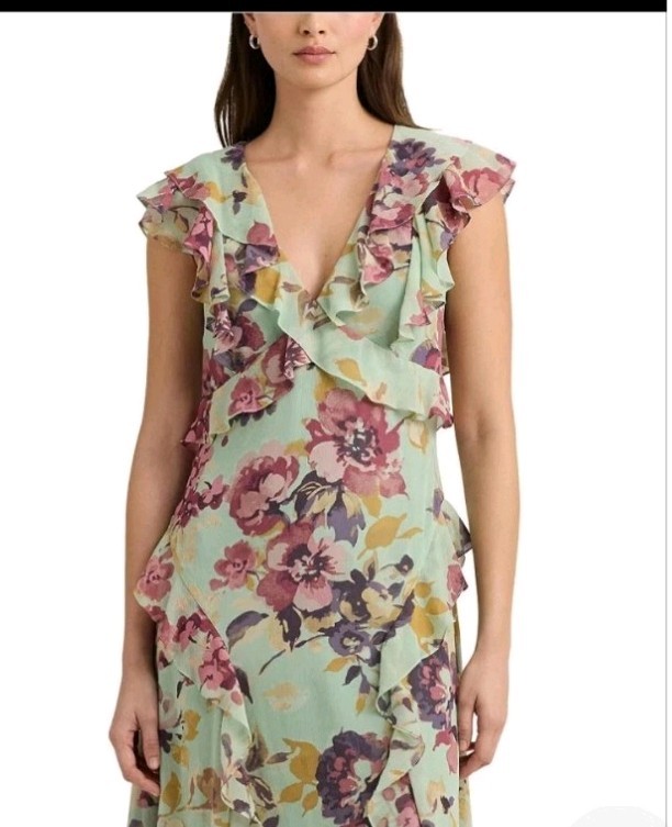 Lauren Ralph Lauren Petite Mint Green Floral Ruffle Sleeveless Midi Dress 6P