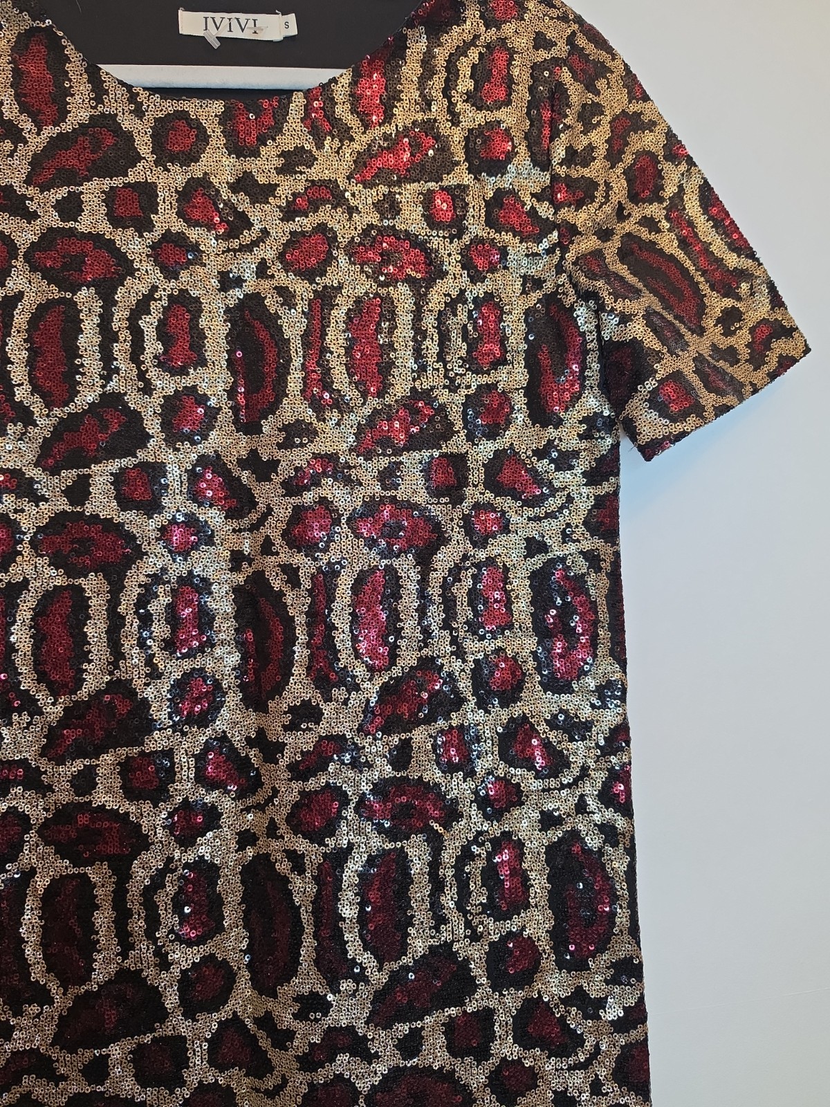 Ivivi Gold Red Black Sequin Leopard Print Shift Dress Size Small Party Christmas