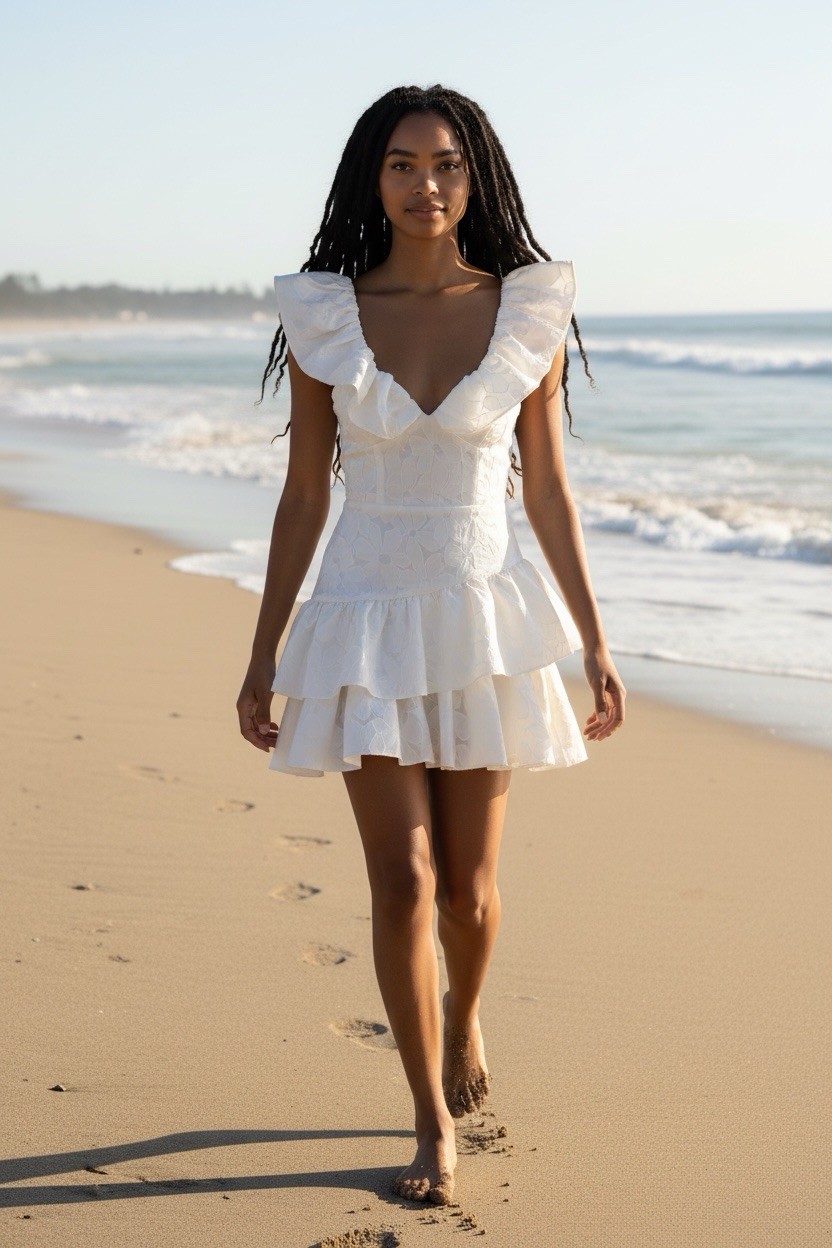 🍥 DO+BE White Floral Jacquard Mini Dress | Women’s Sm | V-Neck | Ruffle Sleeve