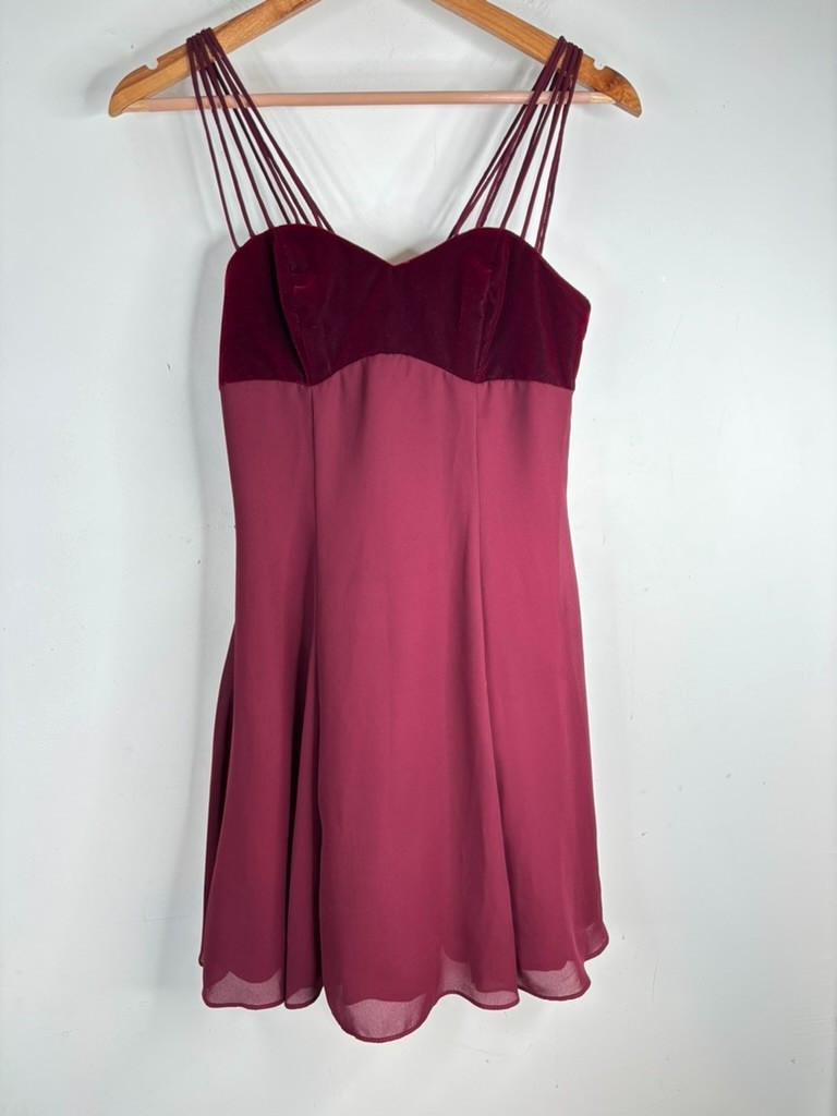 VTG 90s Jump Velvet Babydoll Dress 3/4 Multi Strap Burgundy Y2K Goth Whimsigoth