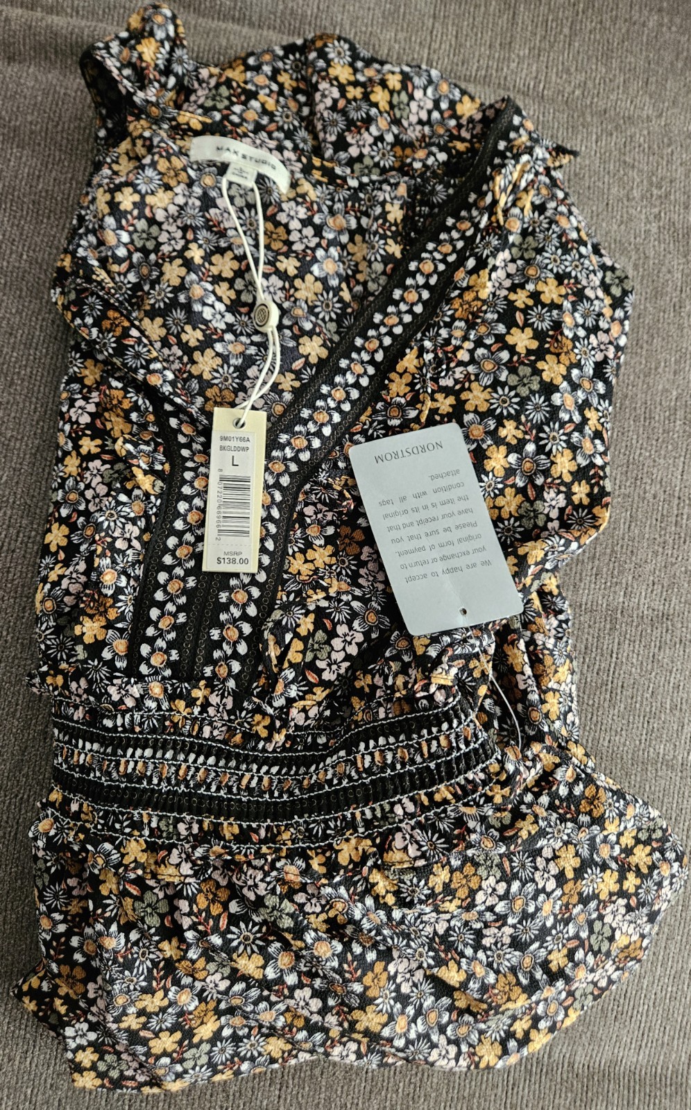 Max Studio Brown Black Floral Ruffle Maxi Dress VNeck Large Nordstrom New NWT!👗