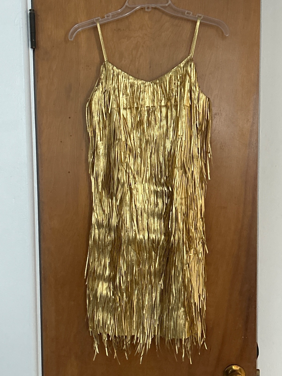 Michael Kors Collection 719 Gold Leather Fringe Fall 2019 Spaghetti Strap Dress