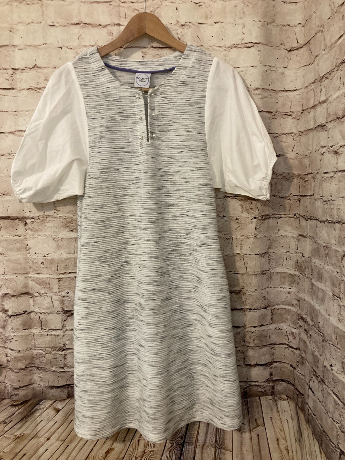 Violet Weekend Dress Womens Medium Gray Speckle Puff Sleeve Midi Pockets Sheath
