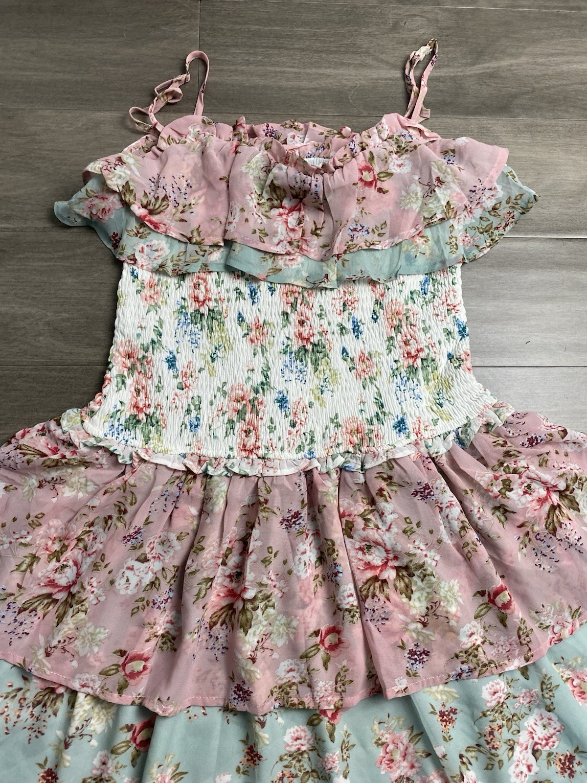 STORIA Tulle Smocked Mini Dress M Ruffle Tiered Cottagecore Coquette Balletcore