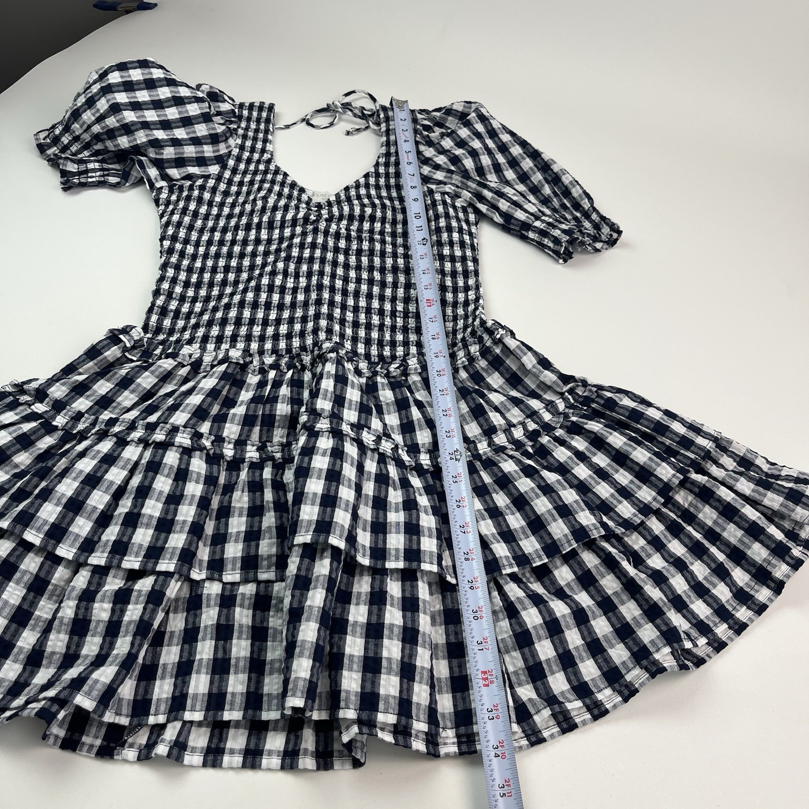 Caroline Constas Gingham Smocked Mini Dress S Navy Cowgirl Milkmaid Coastal NWT