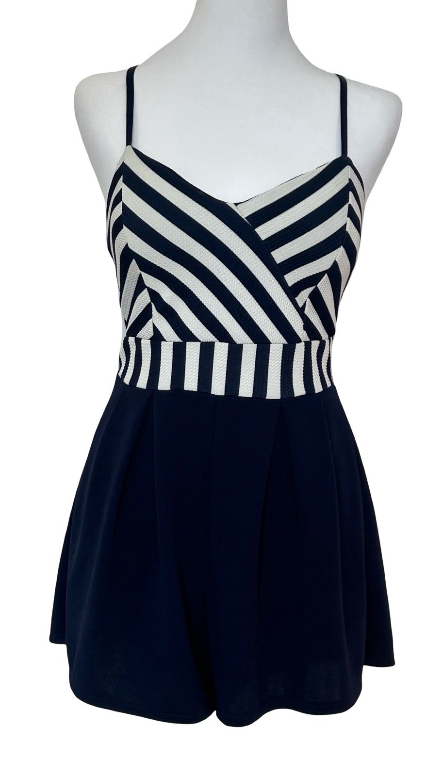 Nautical Striped Fit & Flare Romper Dress Navy White Spaghetti Strap Mini M