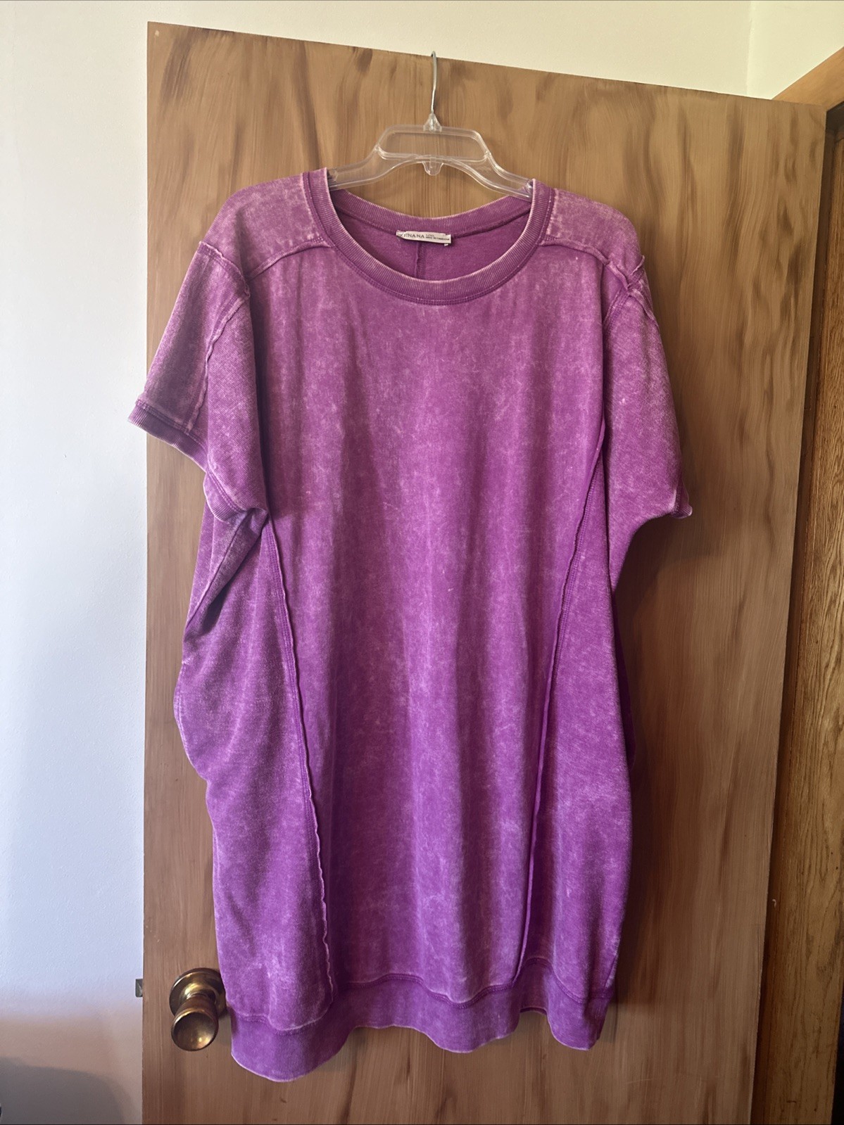 Zenana French Terry Acid Wash T-Shirt Dress, Plum, Women’s L / XL