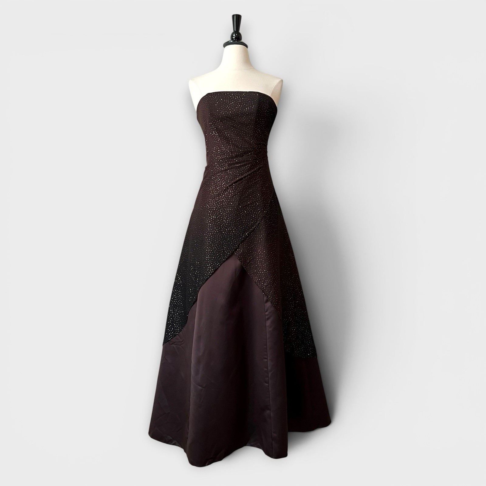 VTG Jump Apparel Strapless Evening Gown XS Brown Glitter Overlay Prom Dress Y2K