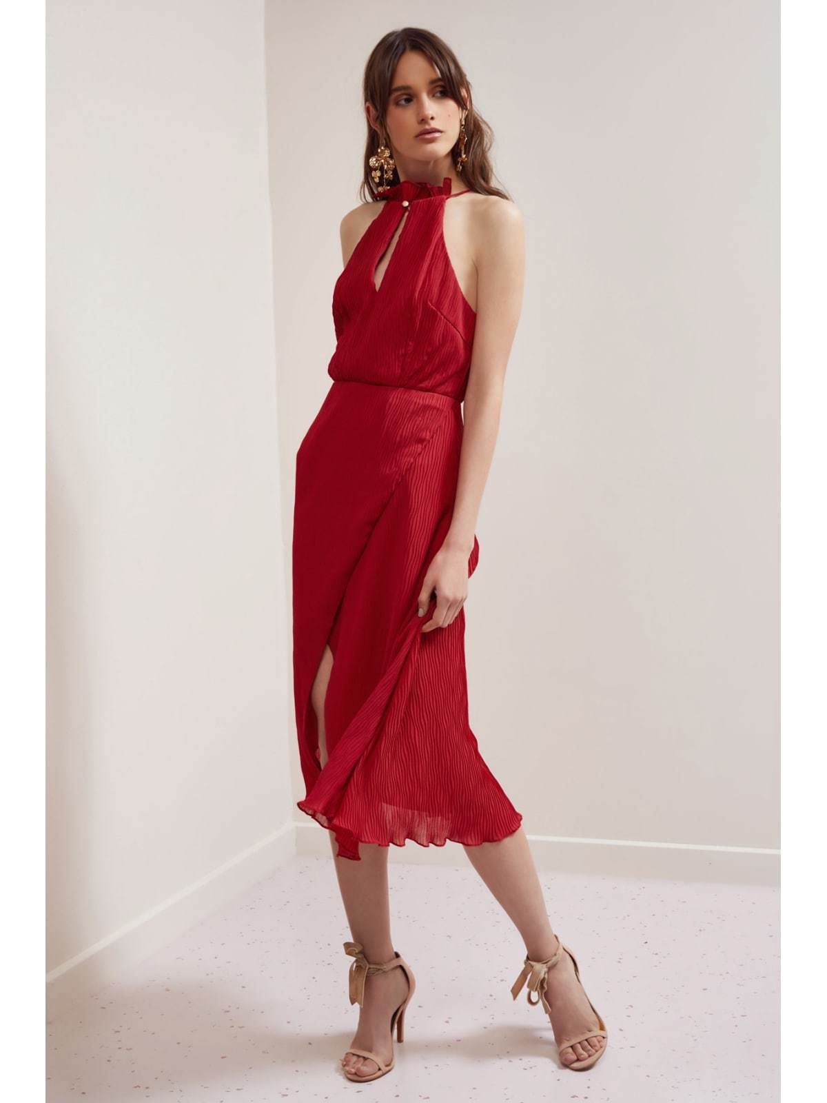 KEEPSAKE the Label Red Pleated Chiffon Keyhole Faux Wrap Cocktail Dress M = 8/10