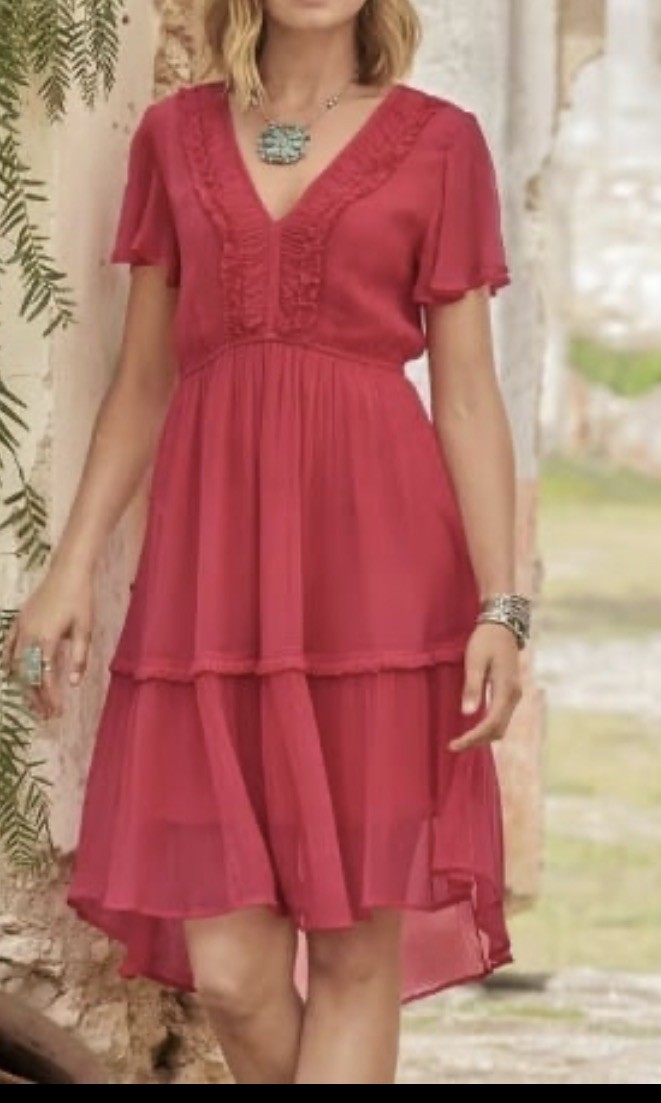 Sundance Midi Dress Pink Crinkle Tiered Deep V Romantic Cottagecore Ruffles Sz S