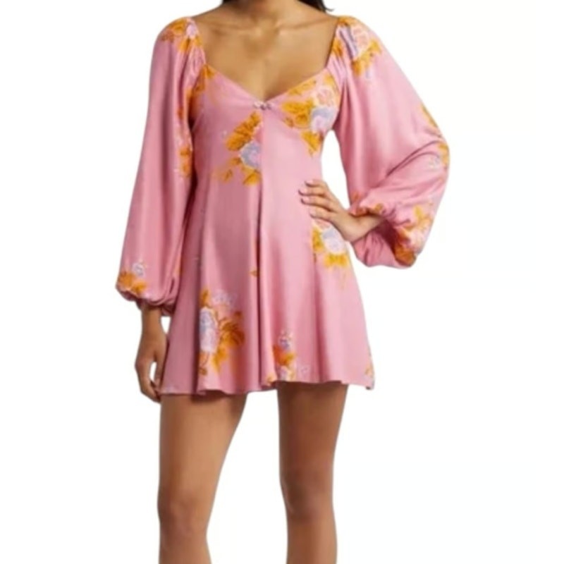 Free People Francesca Floral Puff Long Sleeves Mini Dress Rose Pink Size Large