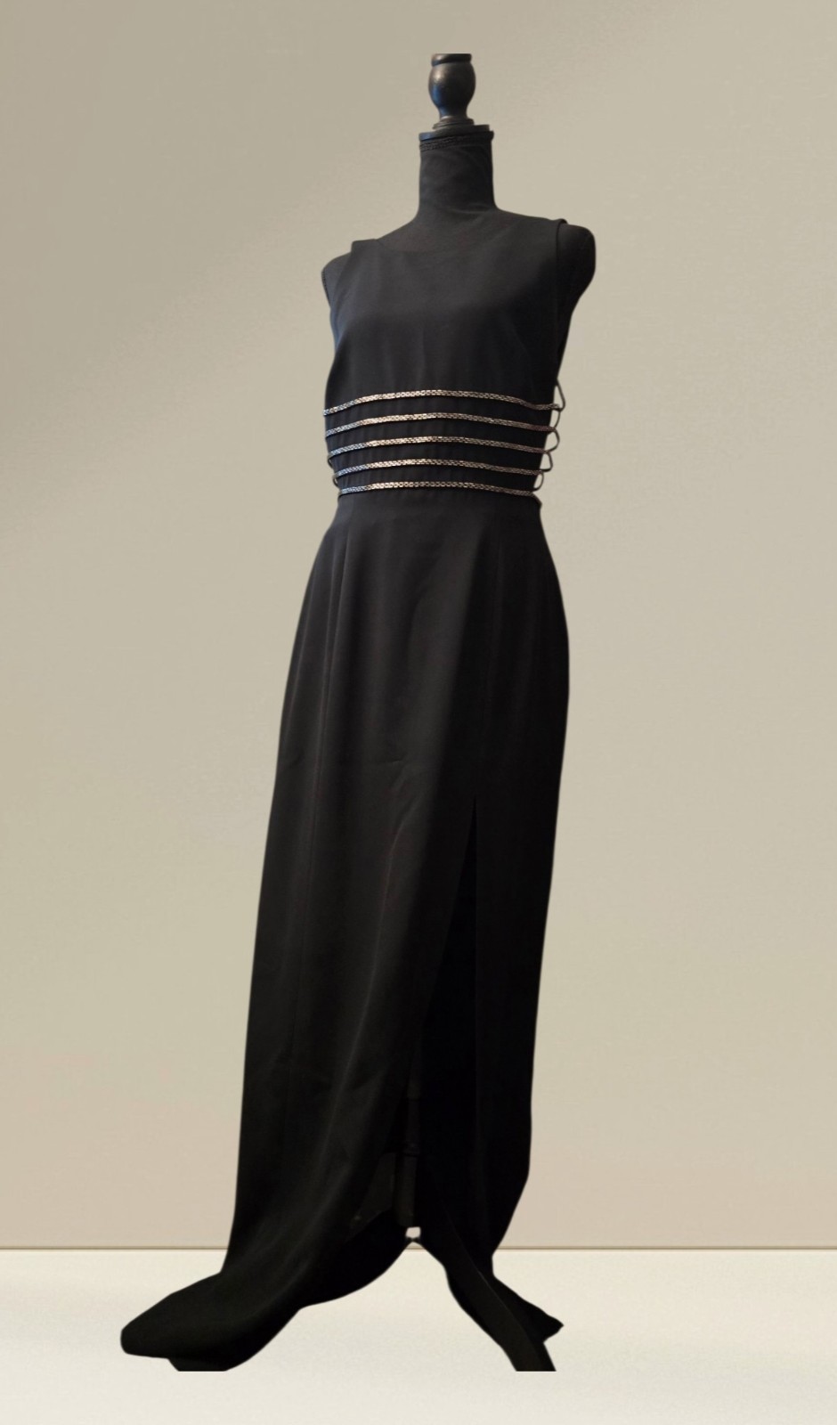 Women’s Black Sleeveless High Neck Maxi Dress Chain Waist Side Slit Size 10