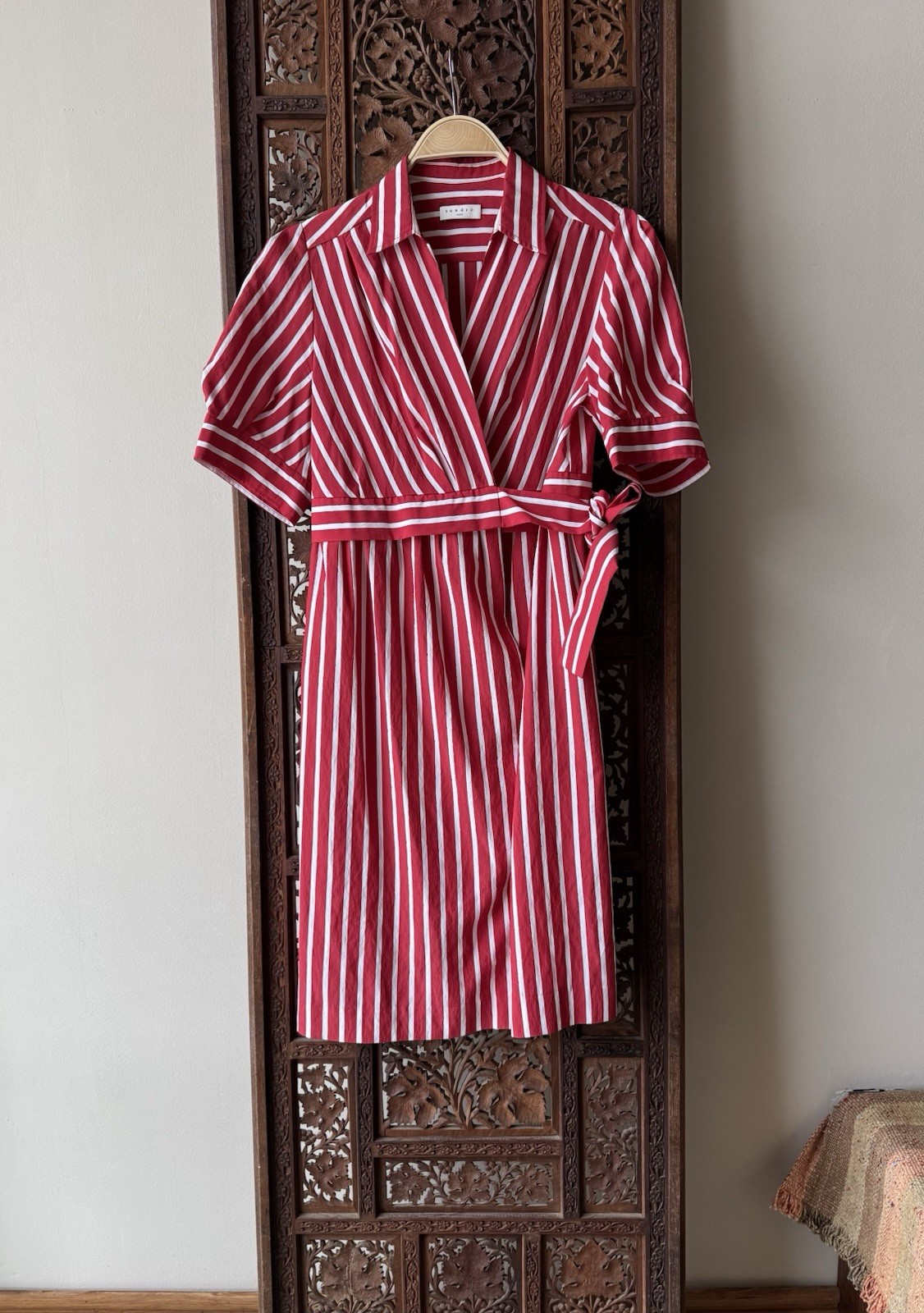 Sandro Paris Red White Striped Wrap Midi Dress Short Sleeve Belted Sz 40 US 8 M