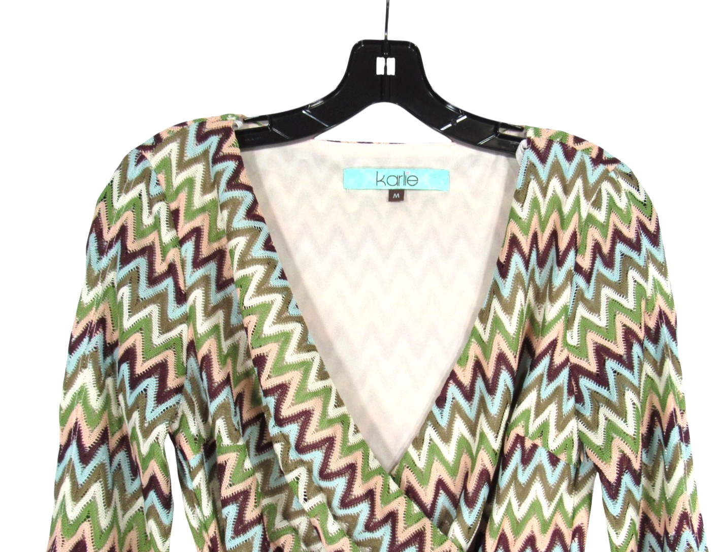 KARLIE Lined CROCHET Green/Brown/Teal CHEVRON Deep V-Neck FAUX WRAP DRESS Sz M