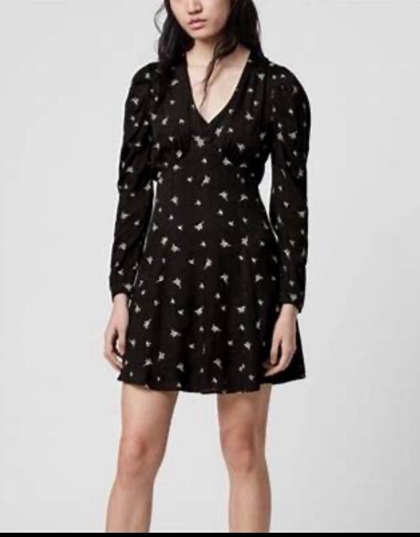 AllSaints Rosi Black Dress Sz 6 Puffed Sleeves Witchy Whimsigoth Grunge Fairy