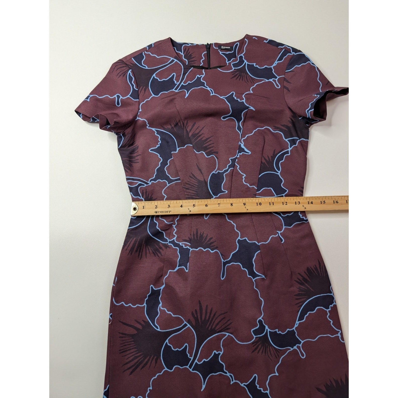Jil Sander Navy Abstract Print Sheath Dress 34 XS Burgundy Blue Made in Italy