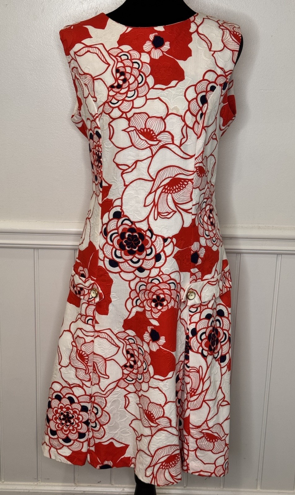 Vintage Miami Dress Shift M Red Floral Mod 60s Retro Mad Men USA