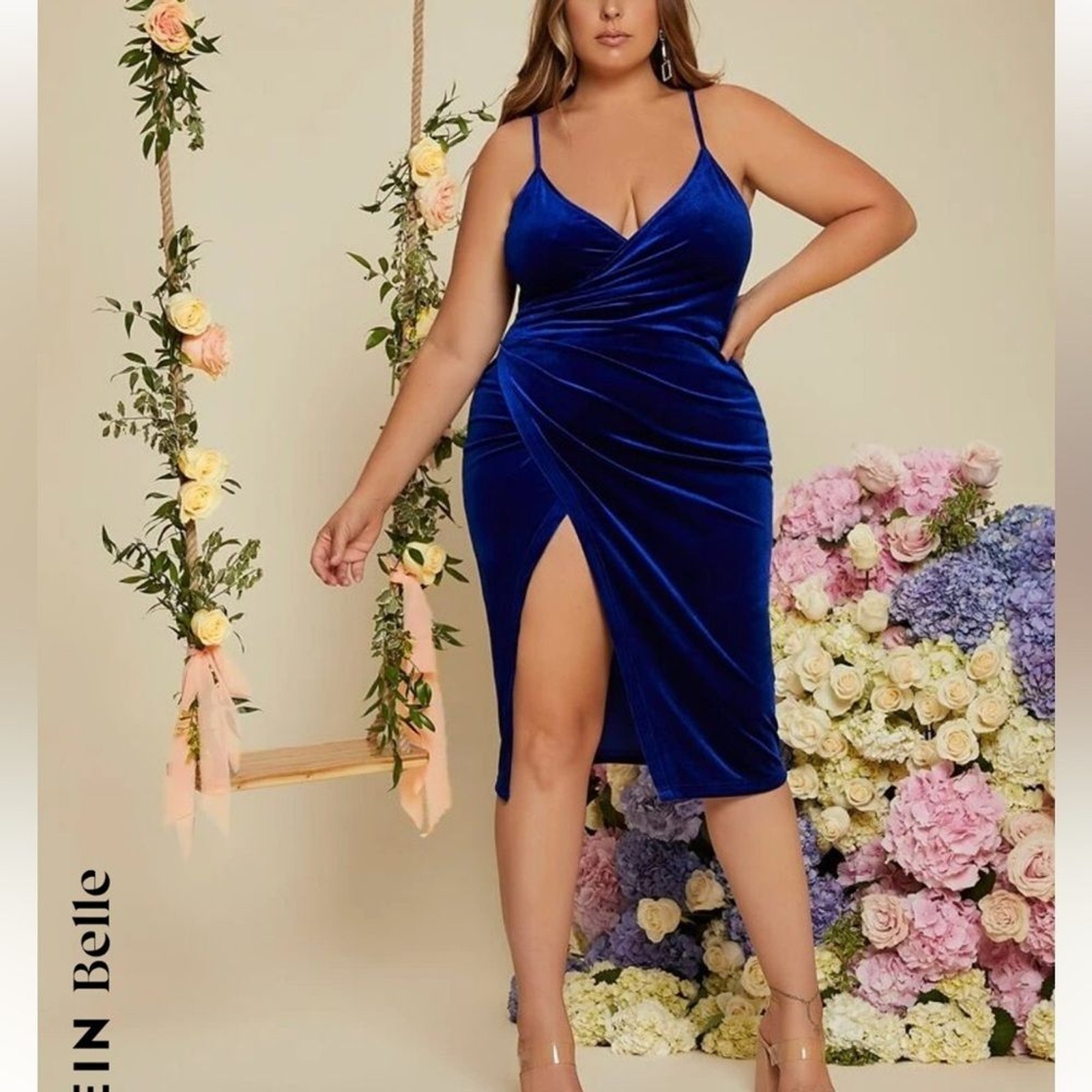 SHEIN Belle Plus Plunging Neck Wrap Hem Velvet Cami Dress