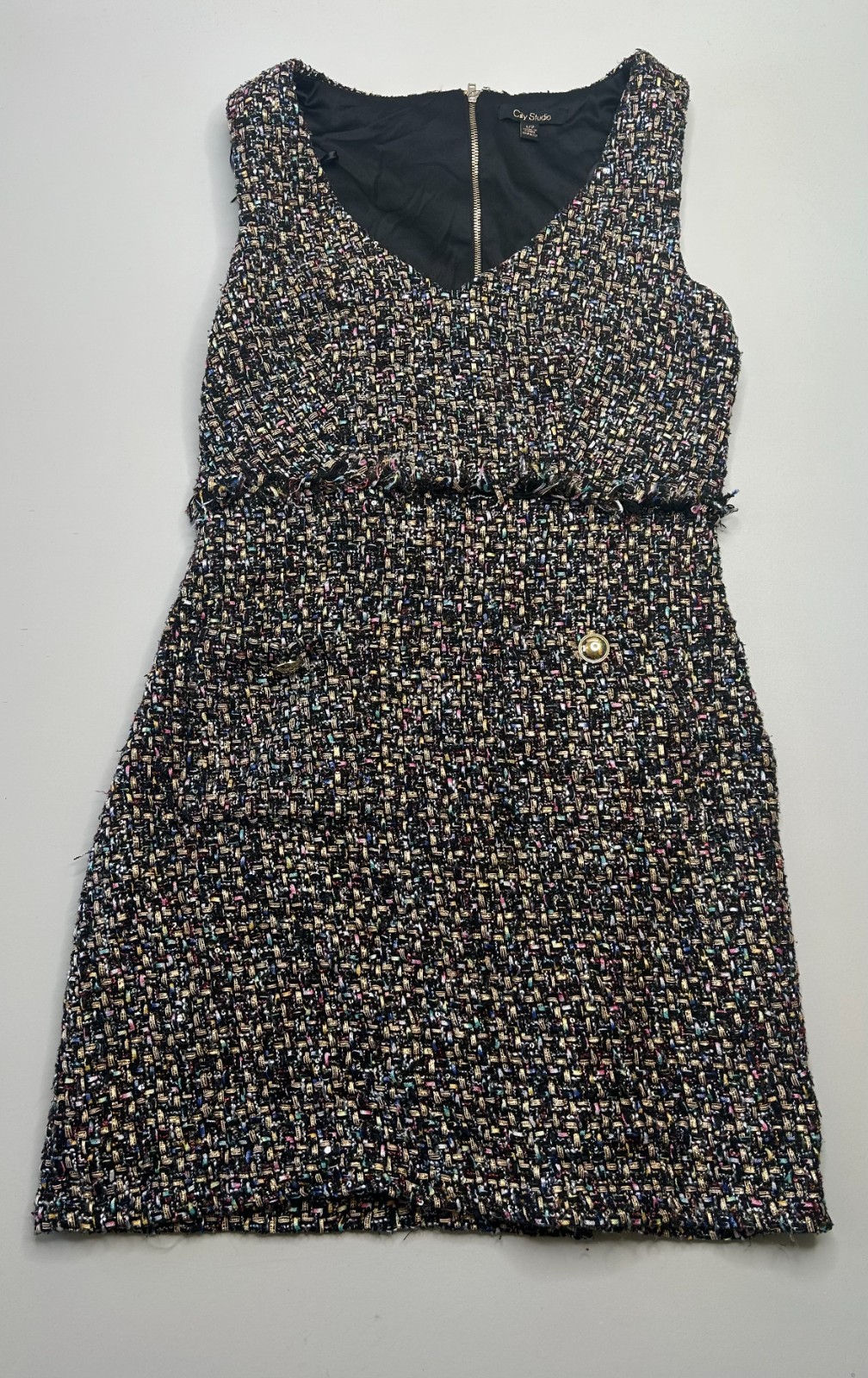 City Studio Tweed Mini Dress Women’s 1/2 Black Multicolor Sleeveless Boucle