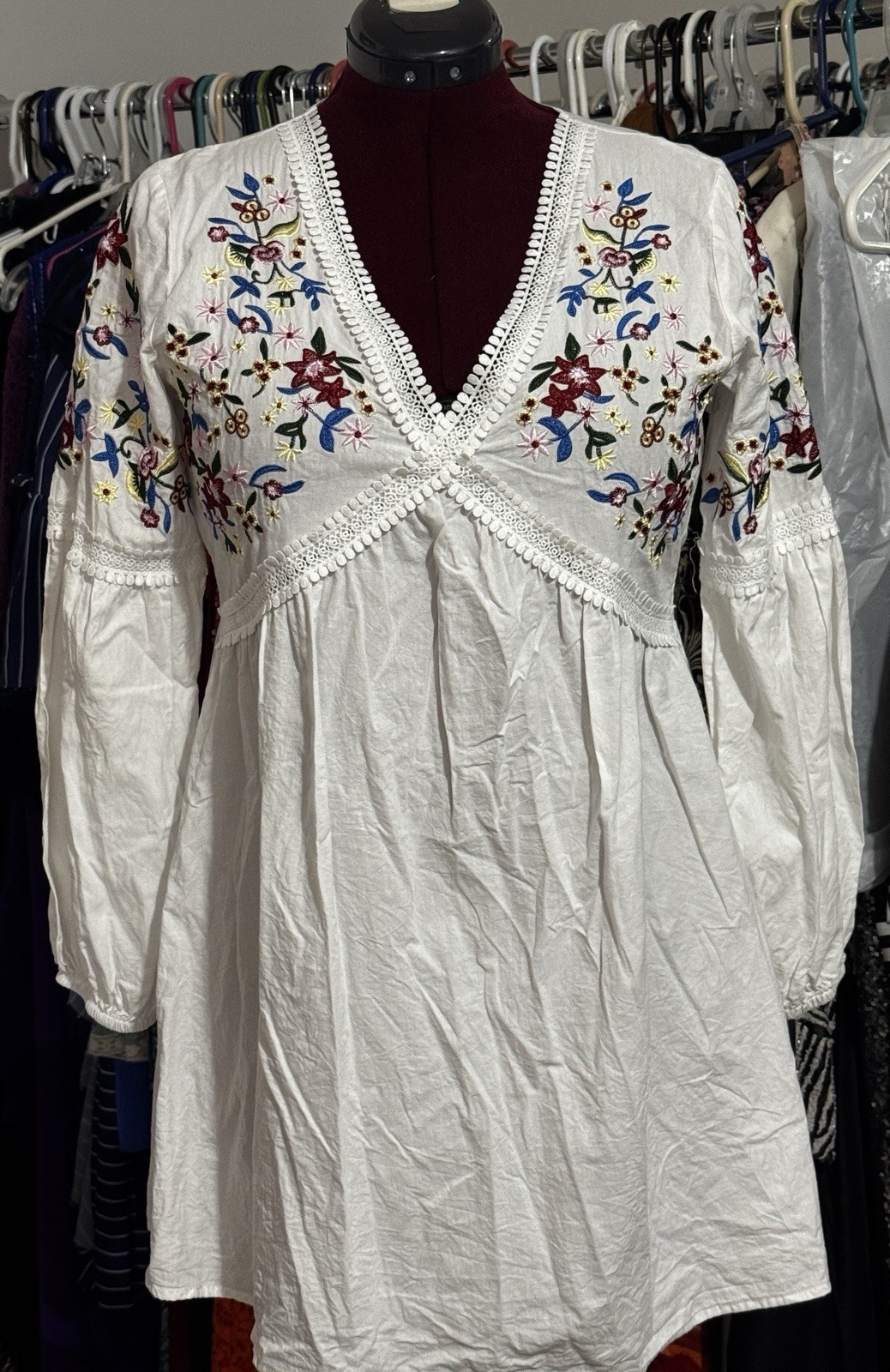 White Boho Floral Embroidered Long Sleeve Tunic Dress Sz L