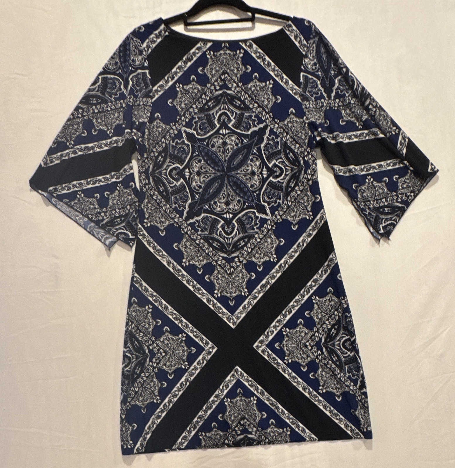 Enfocus Studio Women’s Blue Black White Paisley Round Neck Shift Dress 8