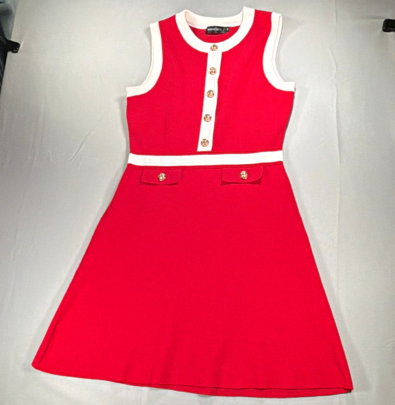MEROKEETY Red/White Sleeveless Knit A-Line, gold buttons, 60’s mod inspired.