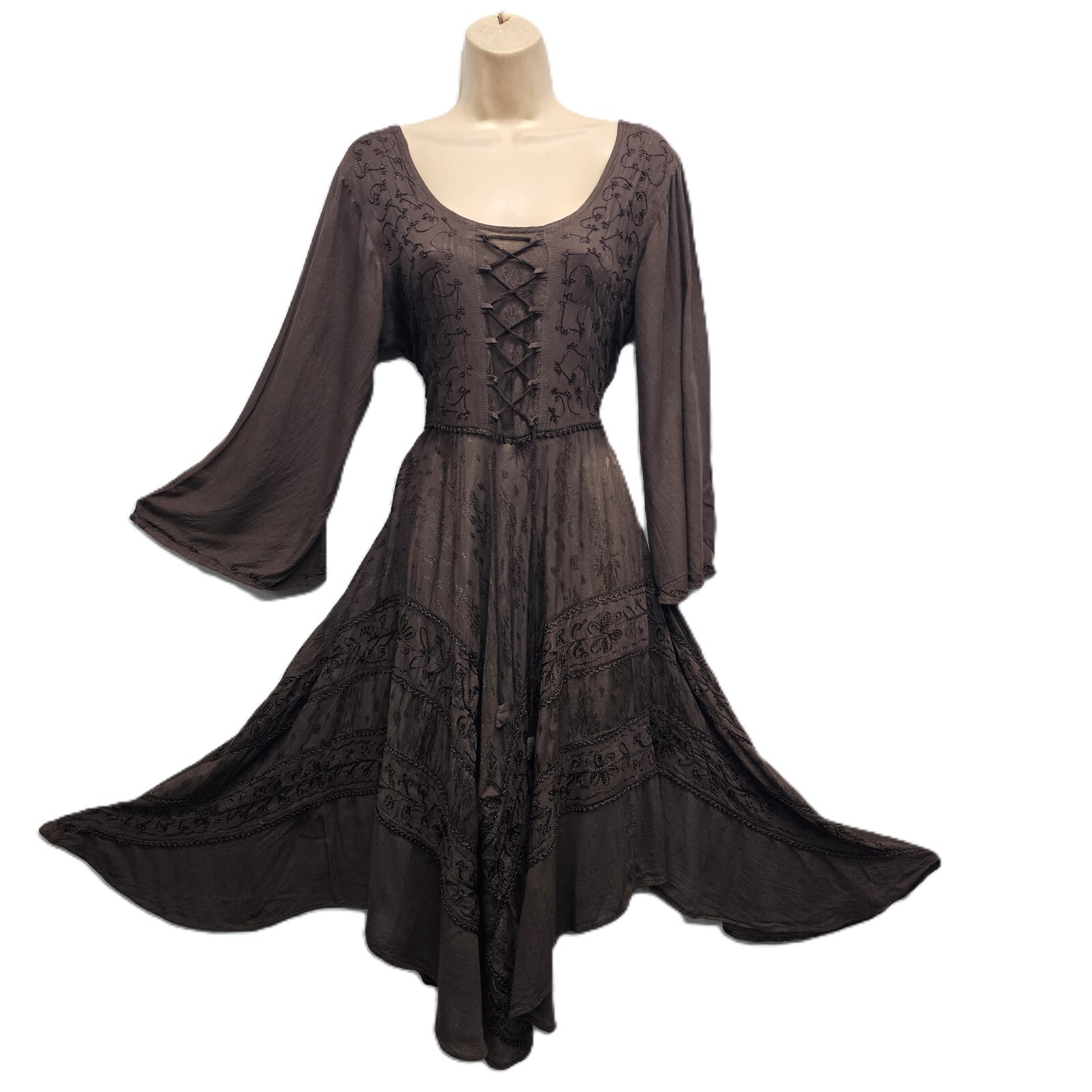 Bohemian Dress Lace up Chocolate Brown Asymmetric Bell Sleeve One Size 12 14 16
