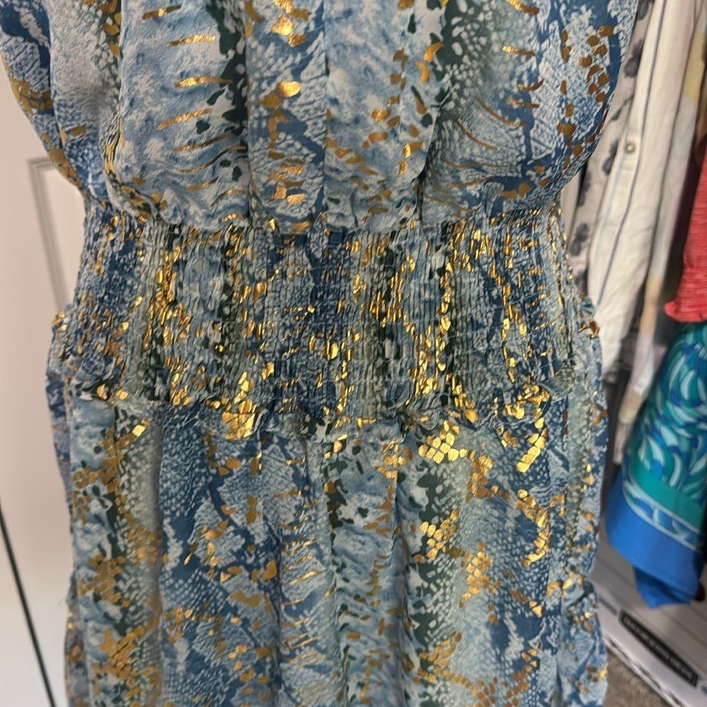 Blue Gold Snakeskin Smocked Tiered Sleeveless Dress M