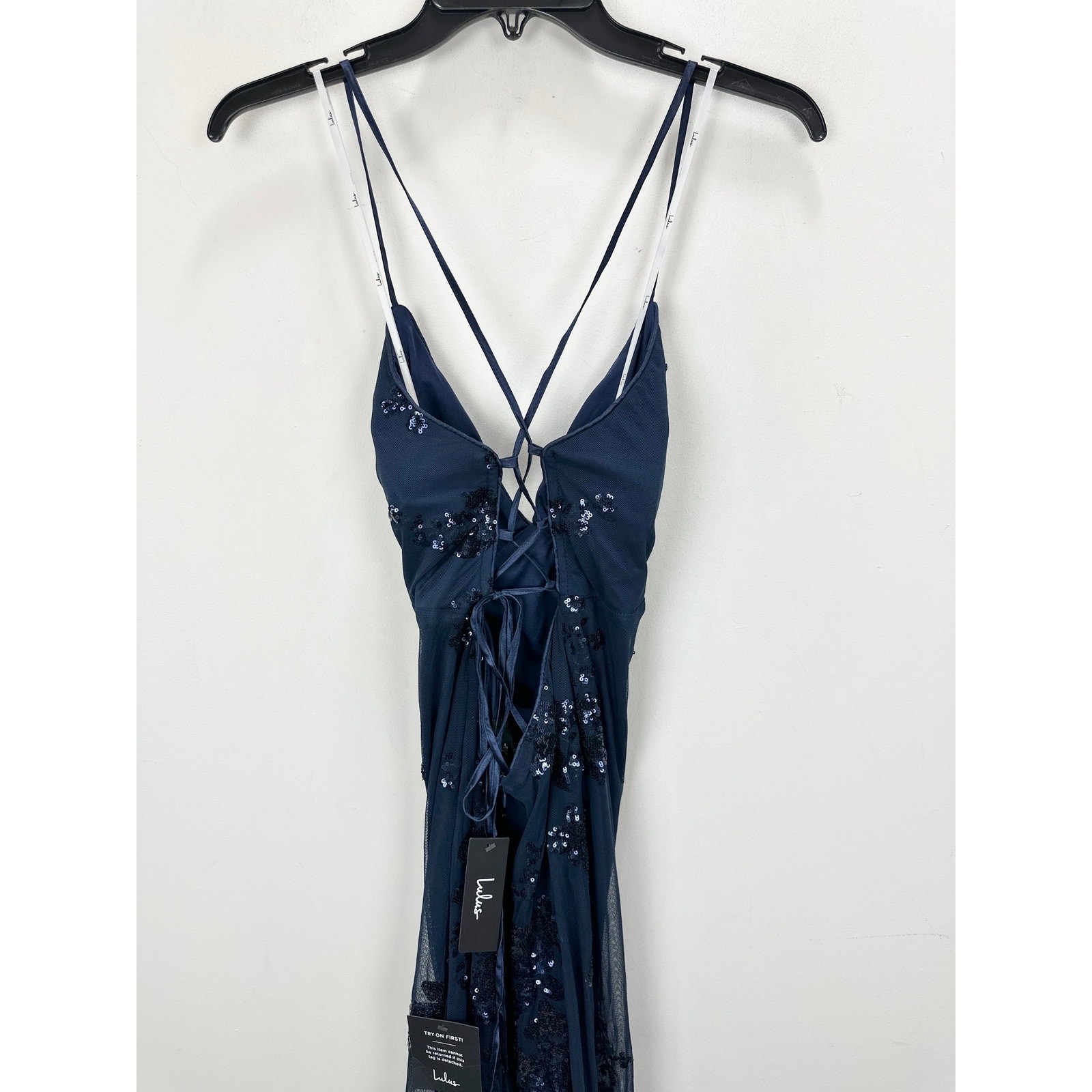 Lulus Valhalla Navy Blue Sequin Lace-Up Maxi Dress Formal Evening Glam Large NWT